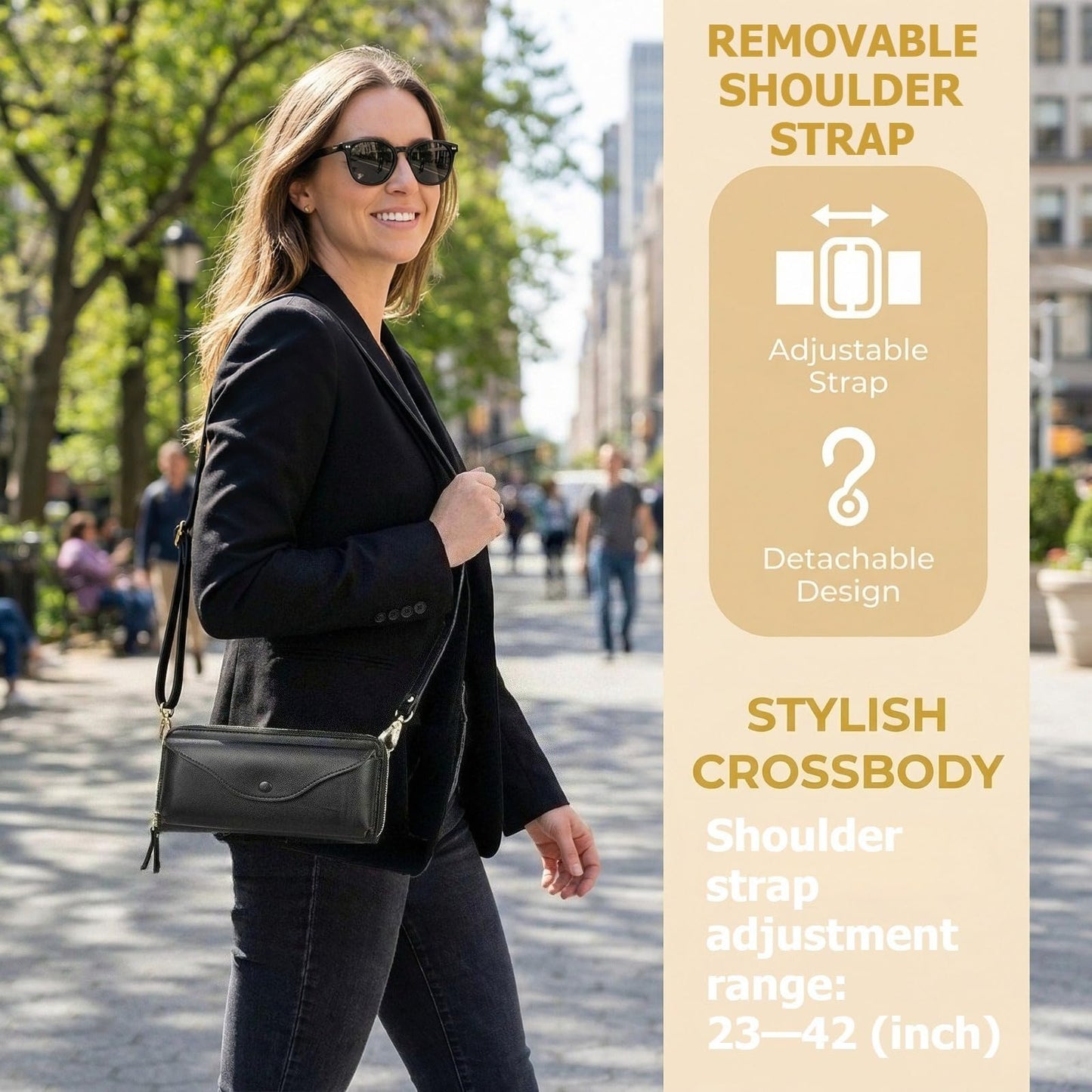 Tanmqin Glasses Case and Cell Phone Purse, Small Crossbody Bag for Women, PU Leather Travel Mini Bag with Shpulder Strap for Eyeglasses, Sunglasses, Smartphones, Accessories - Black