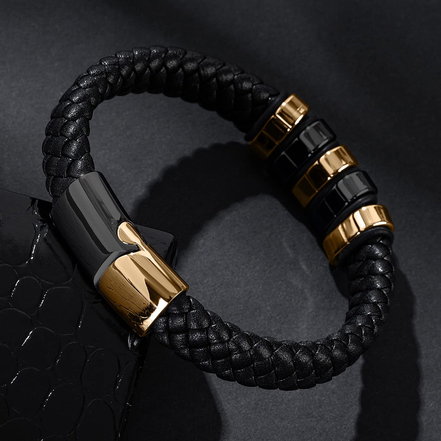 LJWVX Mens Black Leather Bracelets, Braided Leather Wristband CuffBracelet for Men, Gift for Dad