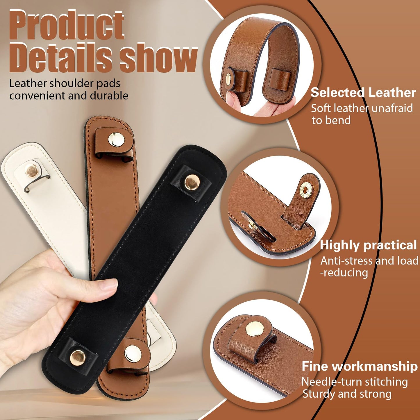 Realand 3Pcs Removable Leather Shoulder Strap Pad Replacement Pressure Relief Shoulder Pads for Women Cover for Tote Bag Handbag Purse, Backpack Strap Pads, Black White Brown