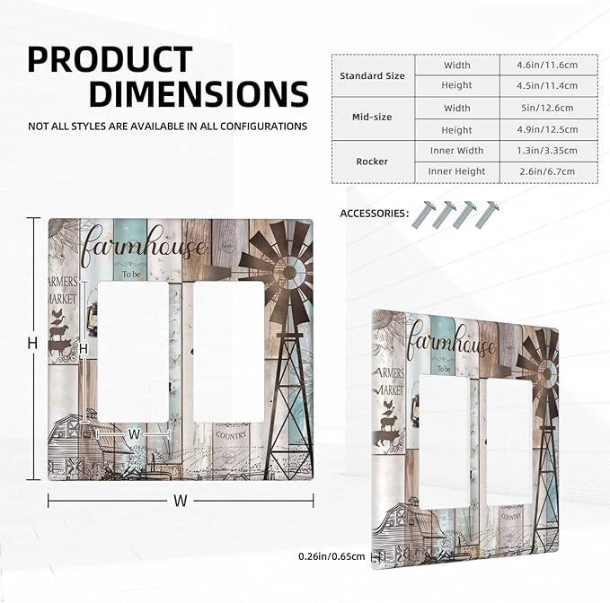 Rustic Western Farmhouse Windmill Double Rocker Light Switch Cover Vintage Barn Wooden Plank Inspirational Quote 2 Gang Outlet Wall Plate Decorative GFCI Switchplate Electrical Faceplate