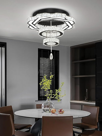 Flashing God Modern Crystal Chandeliers Dia 24" Black Chandelier Flush Mount Ceiling Light for Bedroom Living Room Dining Room Hallway Dimmable 3 Rings LED Celing Lighting Fixtures