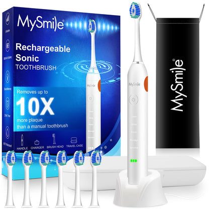 MySmile Electric Toothbrush for Adults, Rechargeable Sonic Electronic Toothbrush with 6 Brush Heads and Travel Case, 2 Mins 5 Modes Smart Timer, 48000VPM (Black)