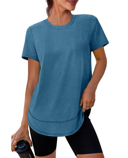 Spring Summer Tops for Women Short Sleeve Hiking Shirts Athleisure Golf Shirt Beach Fashion Curved Hem Loose Fit Blue Green XXL