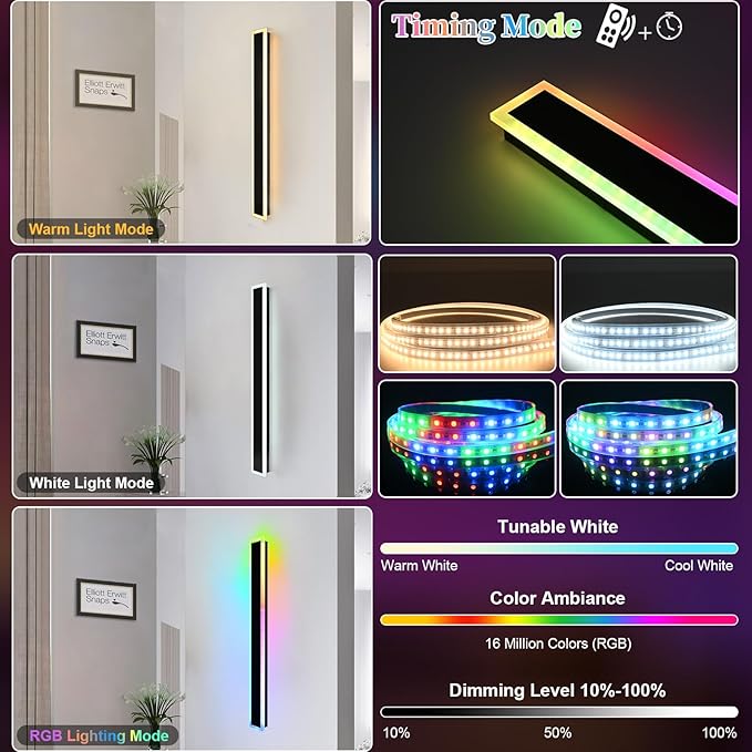 Outdoor Modern Wall Lights for Porch,2 Pack RGB Long Outdoor LED Wall Lights,48 inch Long Linear Outside Light Fixture,Dimmable Long Outside Wall Light for House,Enterway,Garage with Control Remote