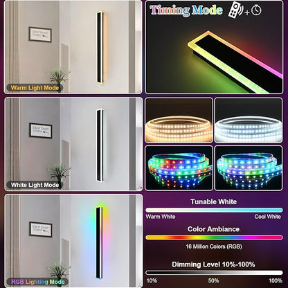 2 Pack RGB LED Outdoor Long Wall Lights,24 inch Modern Outdoor Light Fixture,Dimmable Exterior Linear Lighting Fixtures,RGB Long Linear Wall Light with Control Remote for Patio,Porch,Garage