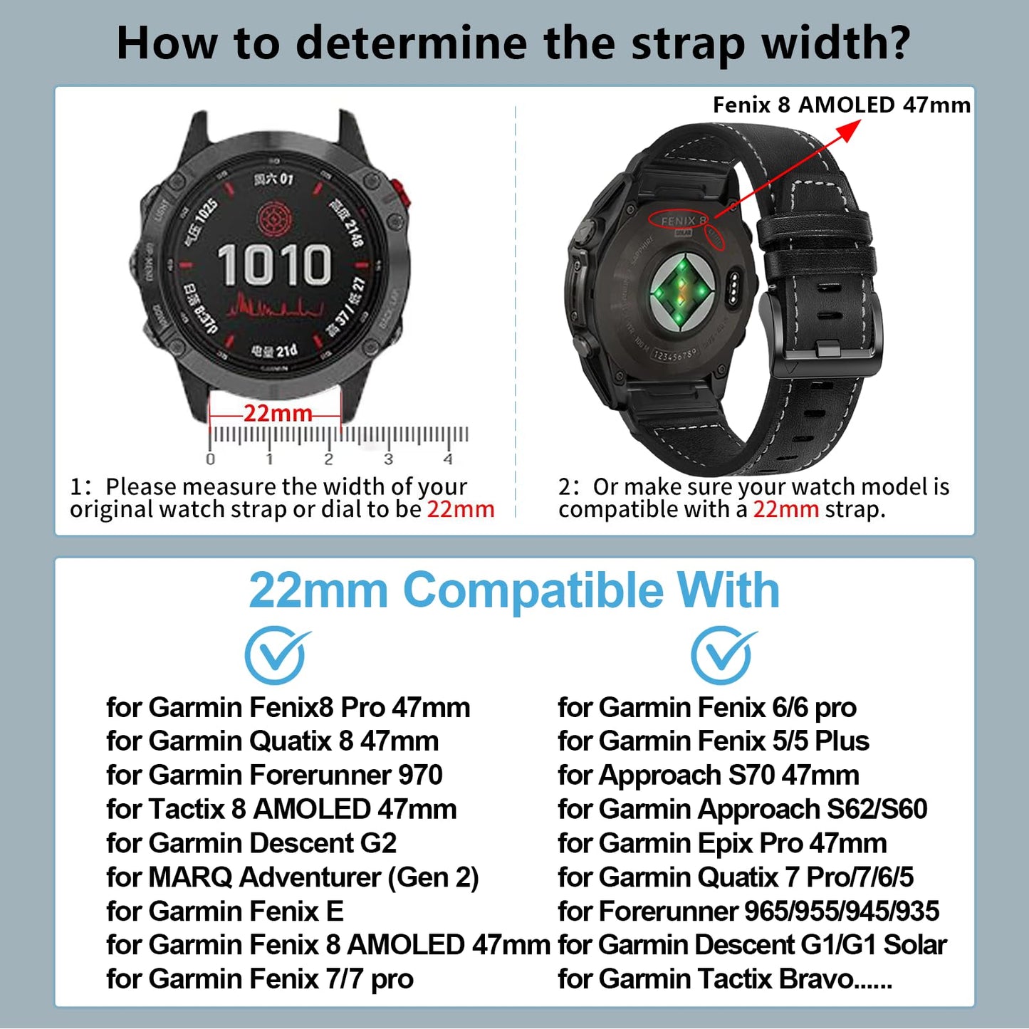 ZPJPPLX 22mm Genuine leather Watch Bands for Fenix E 8 AMOLED 47mm 7 6 Pro 5 plus,Quick fit Strap for quatix 6 7 8 epix Pro tactix 8 AMOLED 47mm/Approach S62 S70/Forerunner 965 970 955/Descent G2 G1