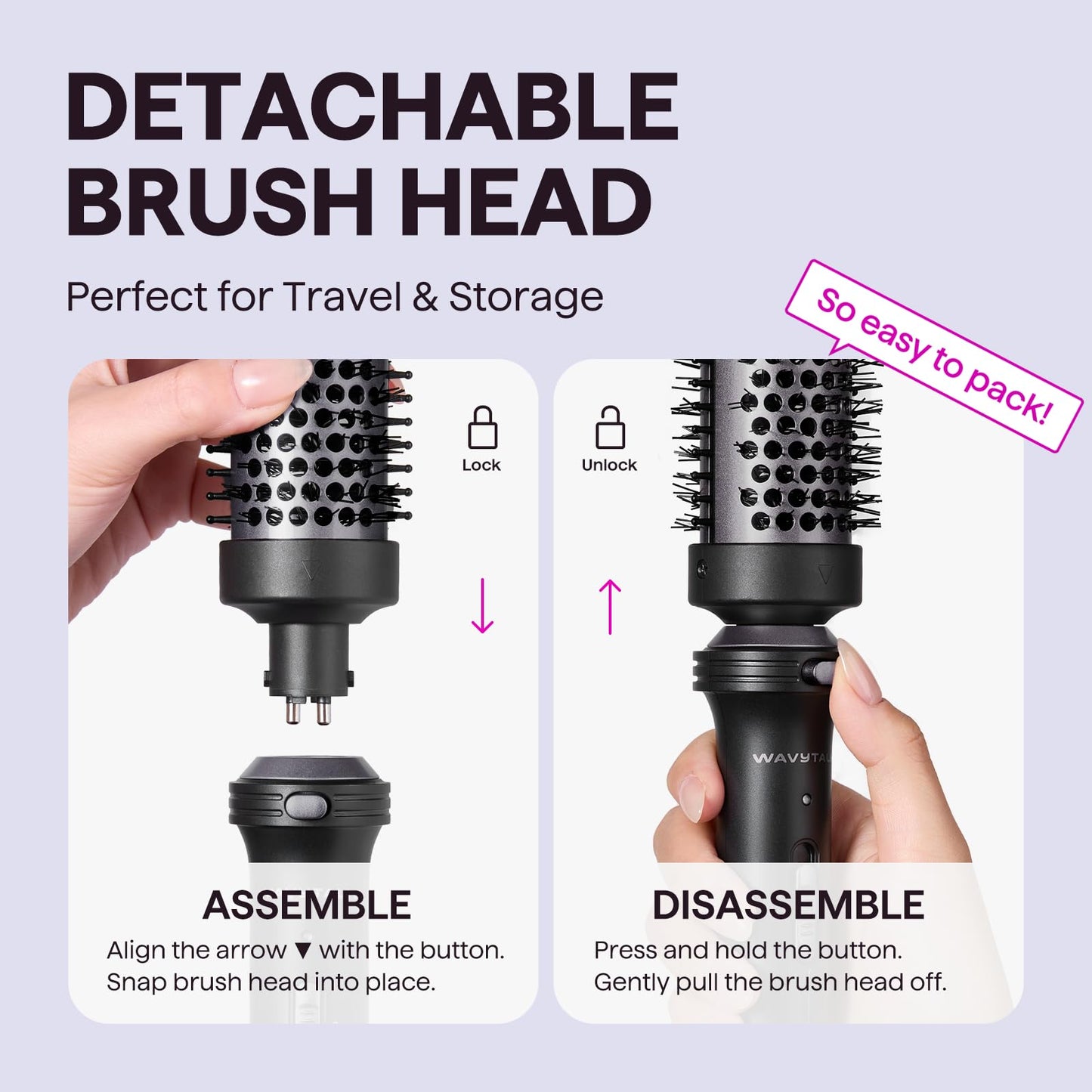 Wavytalk Thermal Brush, 1 1/2 inch Heated Round Brush with Detachable Head, Velvet Pouch and Dual Voltage for Travel, Easy to Create Blowout Look, Rose Gold