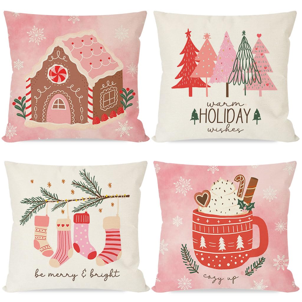 HERHOME Pink Christmas Pillow Covers 18x18 Inch Gingerbread House Hot Cocoa Xmas Tree Pink Christmas Decorations Winter Holiday Decorative Throw Pillow Case Set of 4 for Couch Home Decor