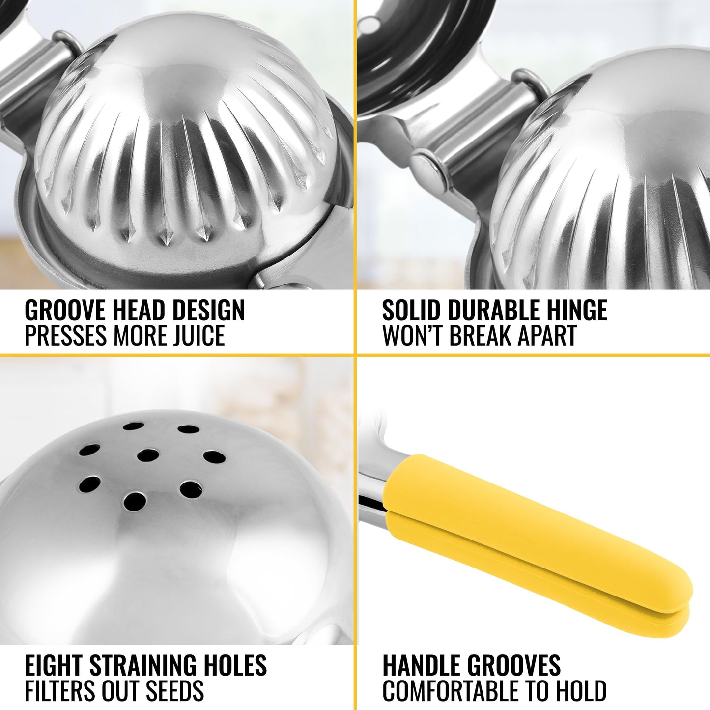 Zulay Lemon Squeezer Stainless Steel with Premium Heavy Duty Solid Metal Squeezer Bowl (Black Grip, Large)