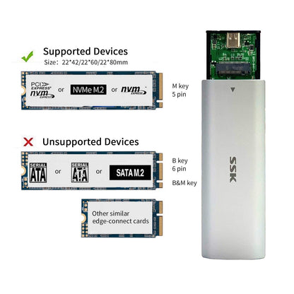 SSK M.2 NVMe Enclosure, Tool-Free SSD Enclosure Adapter, USB C 3.2 Gen 2 10Gbps PCIe MKey External Solid State Drive Case, Support UASP Trim for 2230/2242/2260/2280 (SATA NOT Supported)