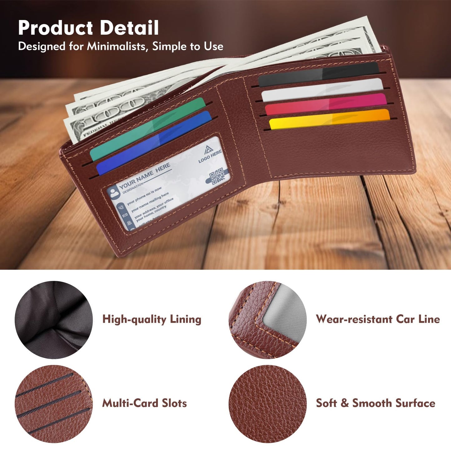 Plinvo Genuine Leather Slim Bifold Wallet for Men, RFID Blocking Minimalist Design with ID Window and 6 Card Slots (Brown)
