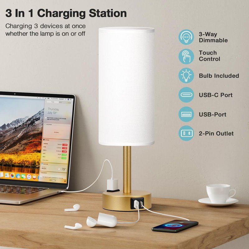 Fenmzee Gold Touch Lamp for Bedroom- 3 Way Dimmable Bedside Lamp USB C A Charging Ports and AC Outlet, Small Table Lamp White Linen Lampshade for Gift, LED Bulb Included