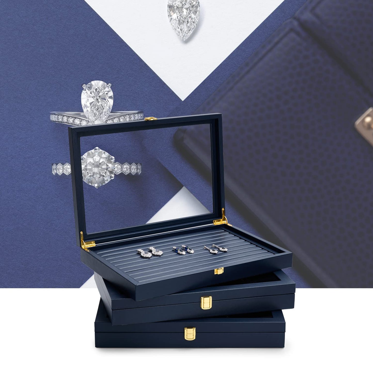 Oirlv Premium Blue Leather Rings Earrings Organizer Tray with Clear Lid Jewelry Display Box with Acrylic Lid Stackable Jewelry Box Drawer Inserts