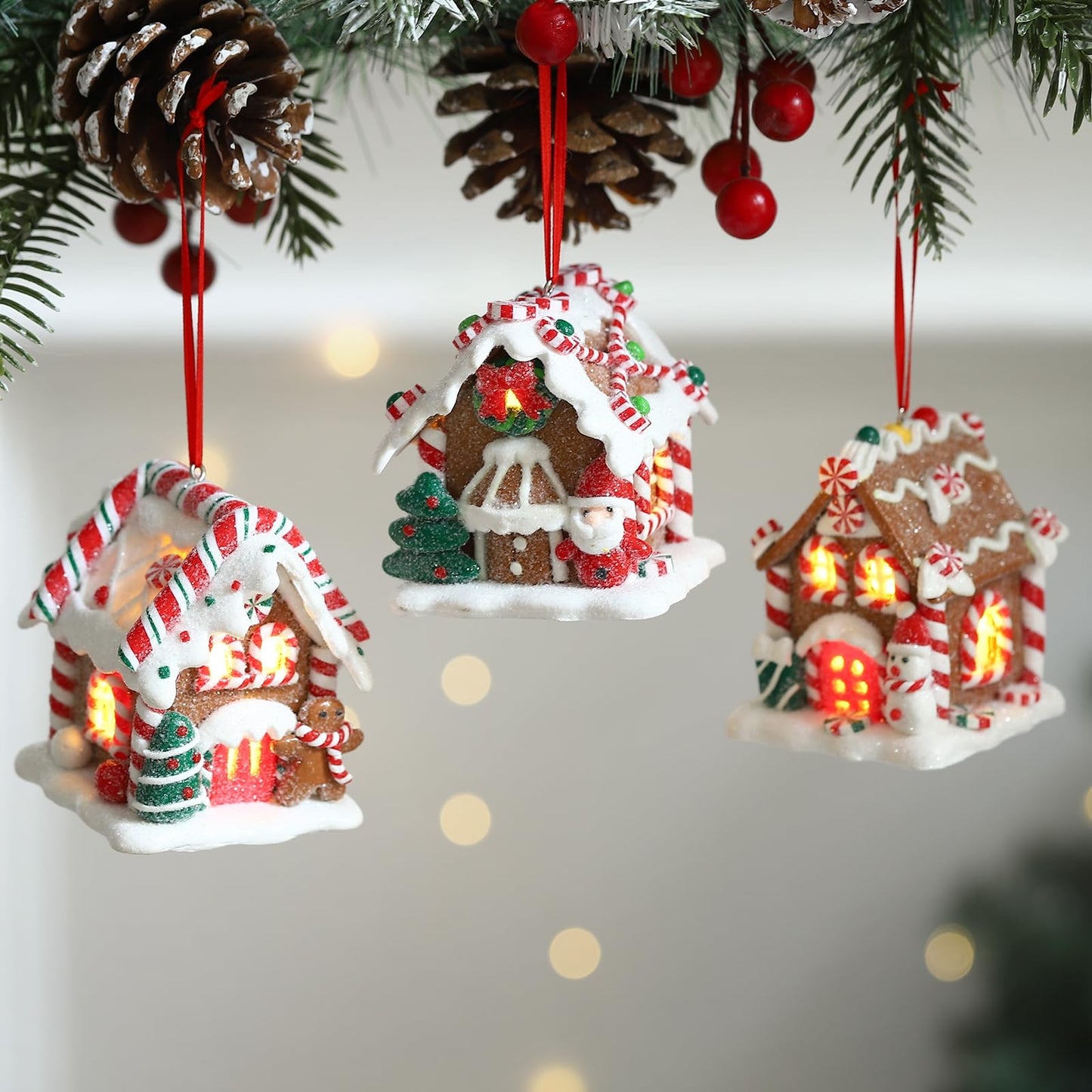 3Pcs Christmas Gingerbread House Hanging Ornaments for Xmas Tree,3D Light-Up Handmade Clay Gingerbread Candy House with Santa Claus Snowman for Christmas Eve New Year Winter Holiday Party Decorations