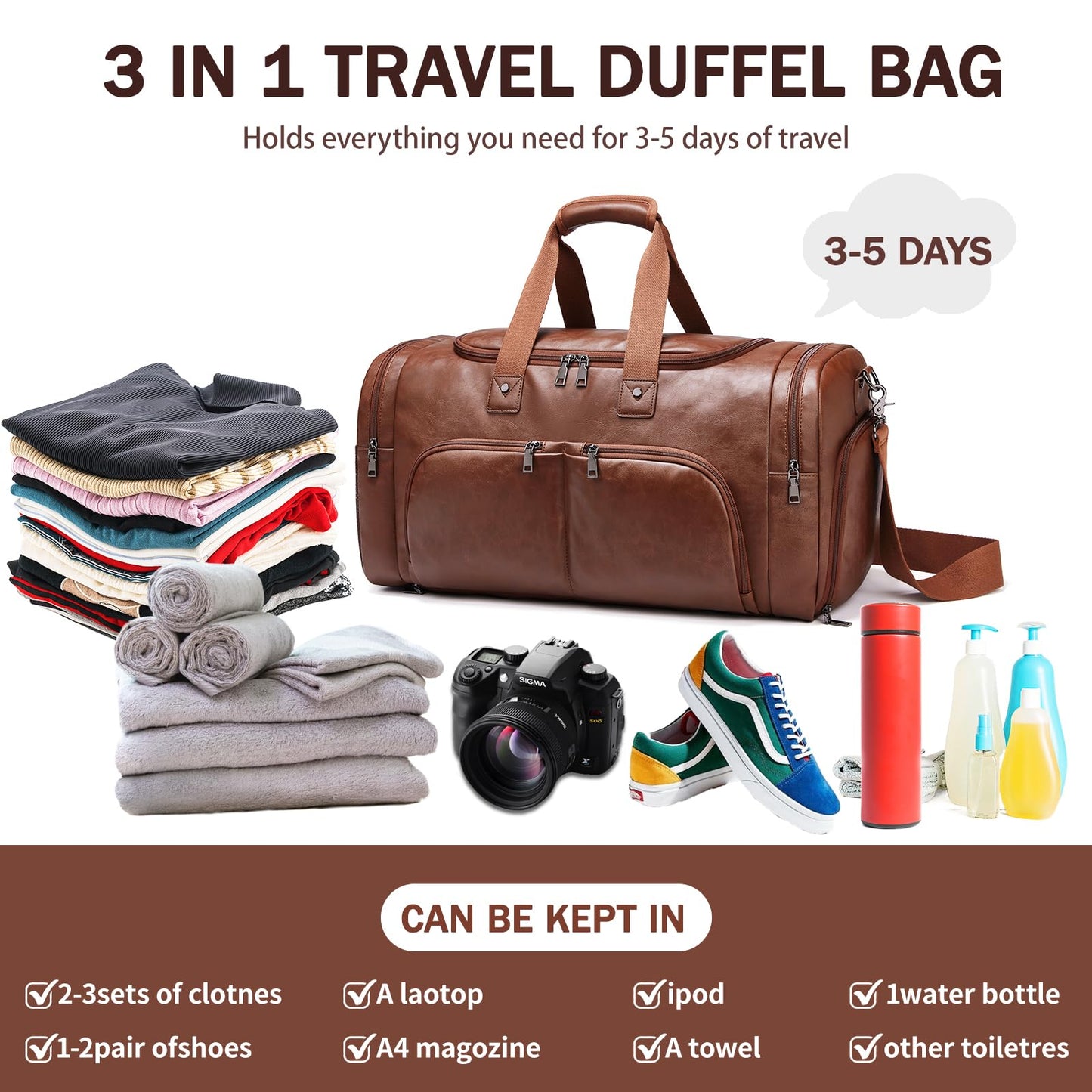 Leather Travel Duffle Bags for Men Women, Weekender Overnight Bag with Shoe Compartment Waterproof Carry on Duffle Bags for Airplanes Gym Sport Business Bag
