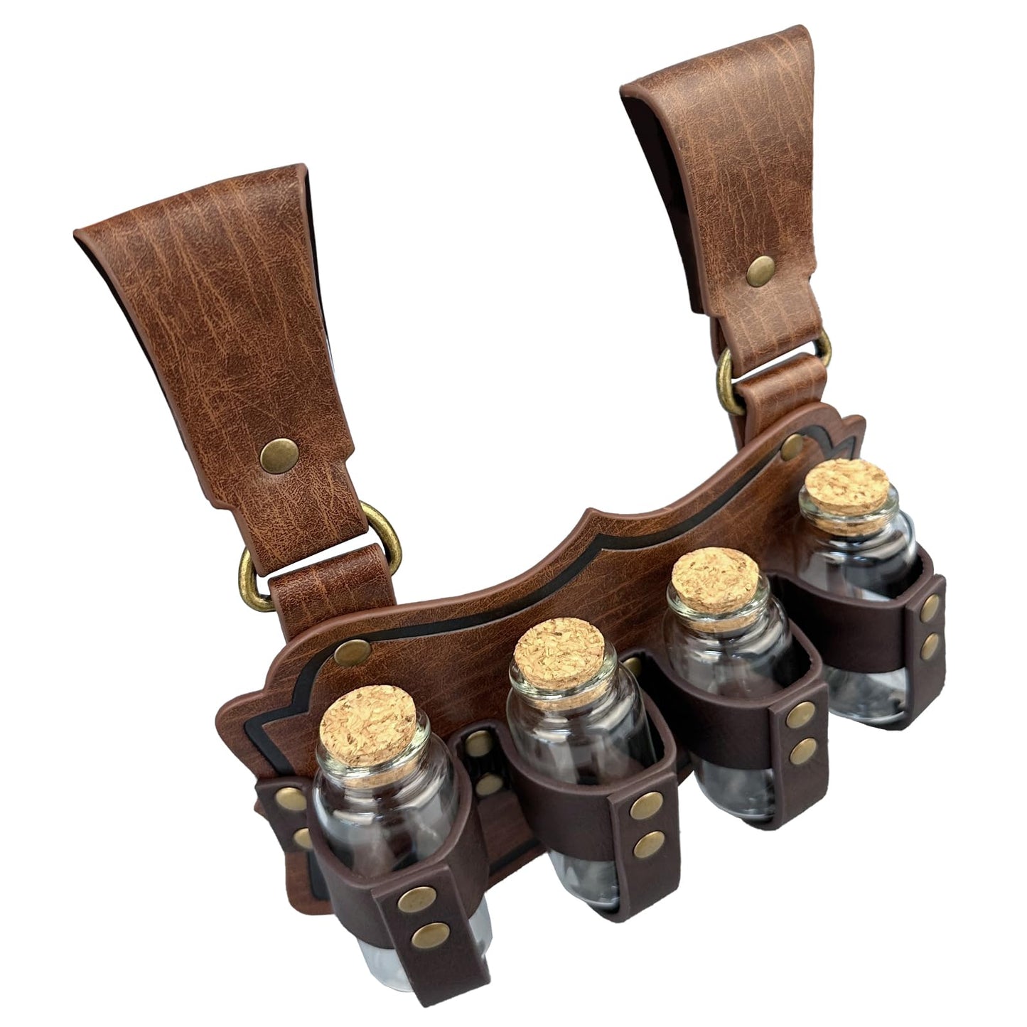 HiiFeuer Medieval Embossed Alchemy Faux Leather Buckle Belt with 4 Cork Vials, Fantasy Wizard Potion Bottles Belt (Brown B)