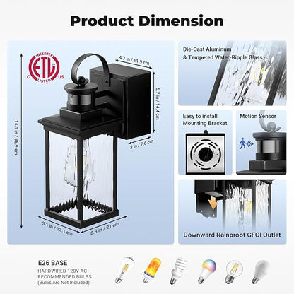 Outdoor Porch Light with GFCI Outlet, Black Motion Sensor Exterior Lighting Fixtures Wall Mount for House with Water Ripple Glass, Anti-Rust Waterproof Outdoor Wall Sconce Lantern for Garage