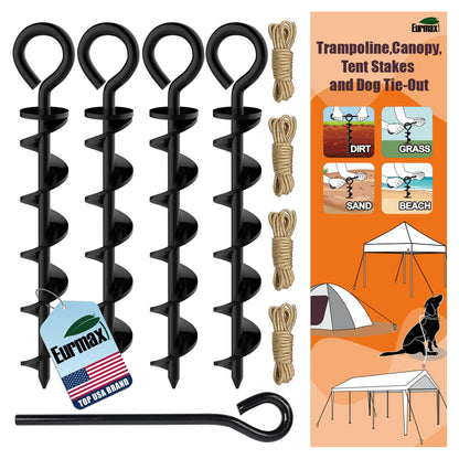 Eurmax USA 4 Pack Heavy Duty Ground Stakes,Industrial Grade Spiral Steel Screw-In Anchors with 4 Bonus Tie-Down Ropes,High Wind Stabilizing Kit for Trampolines,Dog Tie-Out,Canopies,Outdoor Sheds,Black