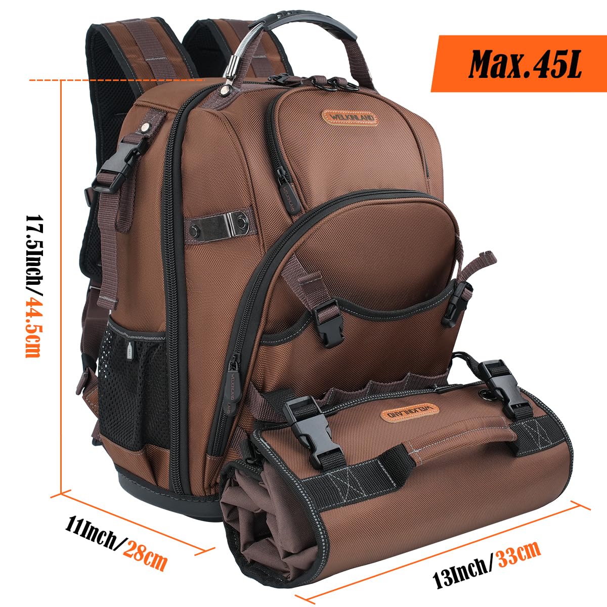 WELKINLAND 70Pockets HVAC Tool Backpack With Tool Roll, 4-Piece Electrical Backpack With Tools Roll Bags, Hard Bottom Electrician Back Pack, Tools Back Pack For Men Heavy Duty