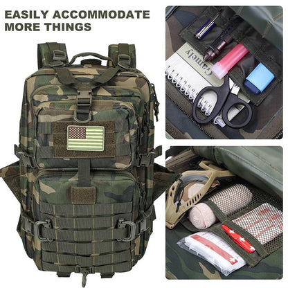 Hannibal Tactical 45L MOLLE Assault Backpack, Tactical Backpack Military Army Camping Rucksack with Bottle Holder, 3-Day Pack Trip w/USA Flag Patch, D-Rings, US Woodland