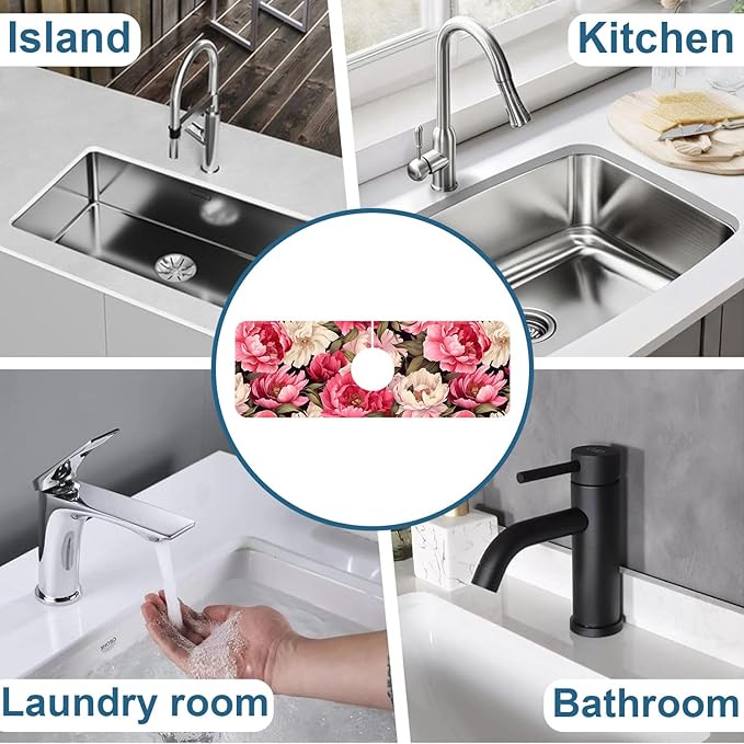 Garden Flowers Sink Splash Guard Faucet Mat Watercolor Peonies Super Absorbent