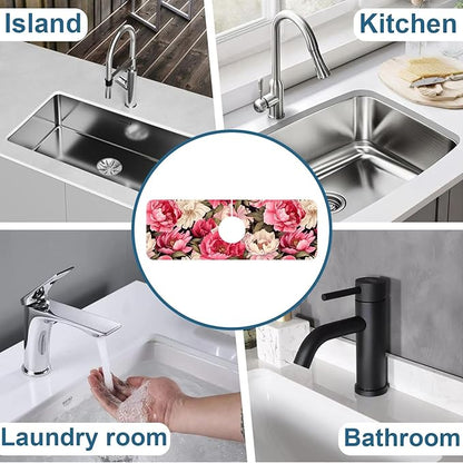 Garden Flowers Sink Splash Guard Faucet Mat Watercolor Peonies Super Absorbent