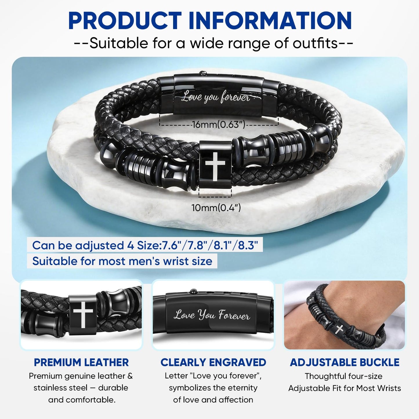 Easter Leather Cross Bracelet Gifts for Men - Adjustable Black Double-Row Braided Leather Cuff Bracelets Faith Religious Catholic Christian Communion Baptism Jewelry Gift for Men Boyfriend Husband Him