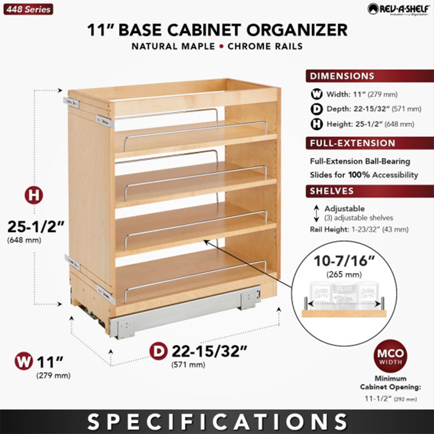 Rev-A-Shelf 6.5" Pullout Kitchen Cabinet Storage Organizer Slide Out Pantry Spice Rack with Adjustable Shelves, Natural Maple, 448-BC-6C