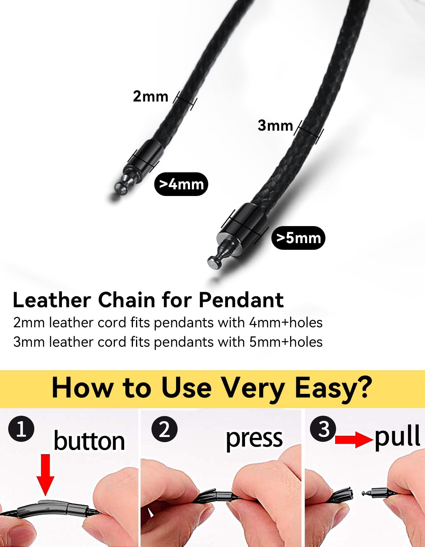 Durable Leather Cord Necklace for Man, Black 3mm Wax Rope String Neck Chains Jewelry for Women with Black Clasp 20"