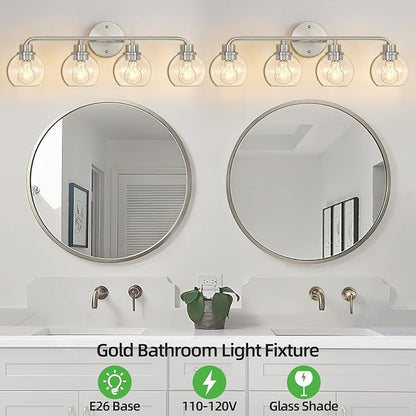 Bathroom Light Fixtures Brushed Nickel Vanity Light Silver 4 Light Modern Wall Sconces Lighting Bathroom Lights with Globe Glass Shade Bath Wall Lights for Mirror Kitchen Living Room Hallway 27 Inch
