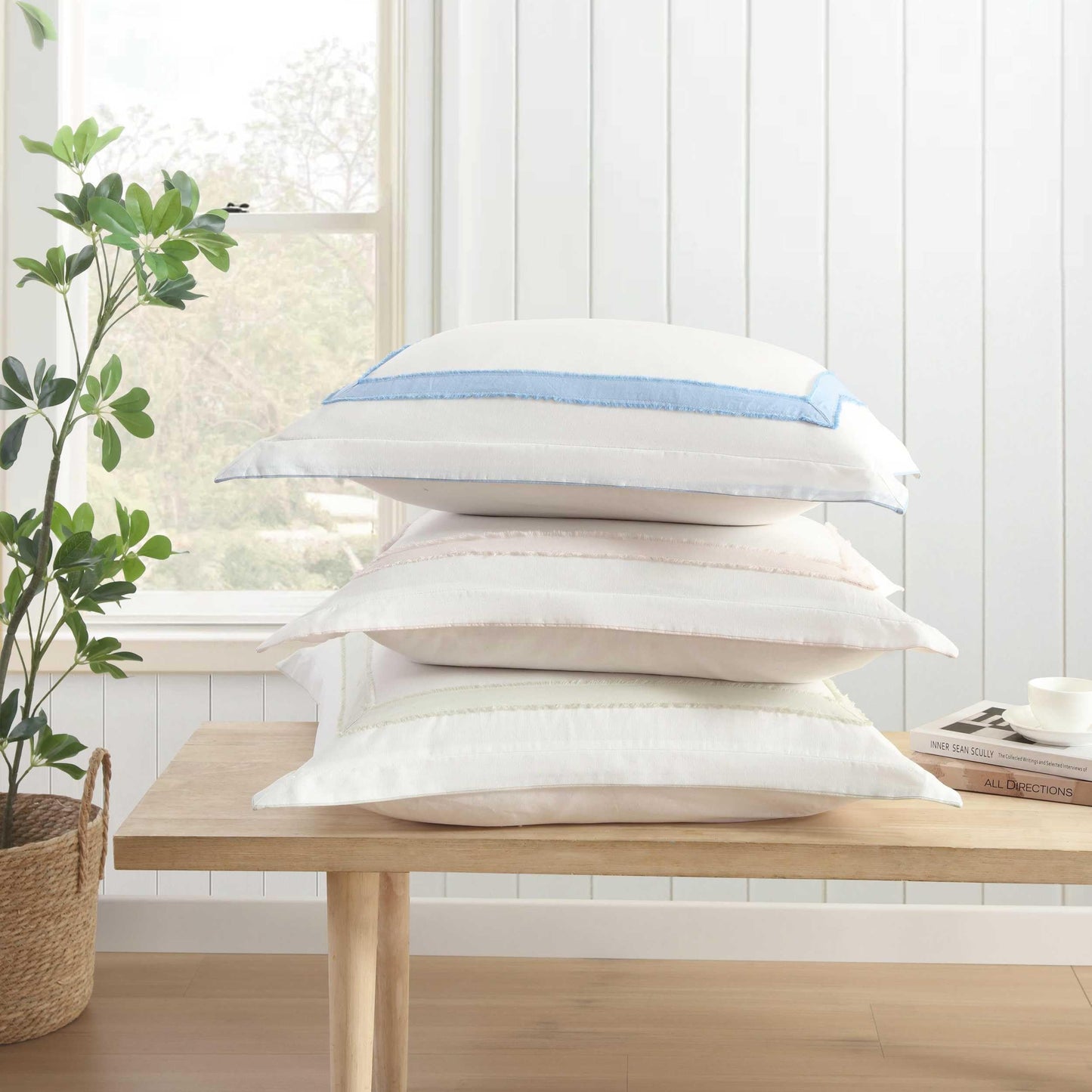 Laura Ashley - Euro Sham, Soft Faux Linen Ramie Cotton Decorative Pillow Cover with Border Detail, 26x26, Room Decor (Mila Blue)
