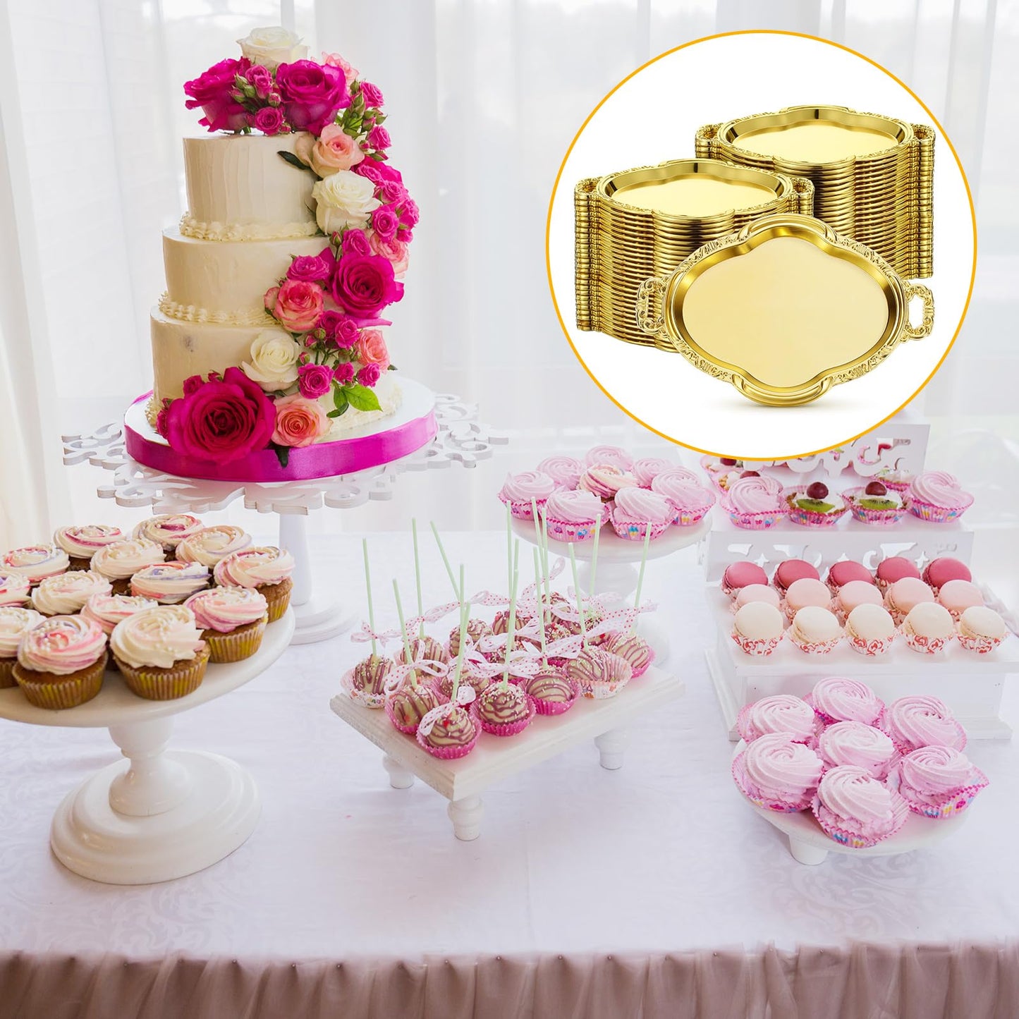 Ferrochef 50 Pcs Oval Mini Baroque Dessert Display Tray Mini Elegant Plastic Serving Tray Small Cake Candy Plates for Weddings Party Bridal Baby Shower, Birthday, Candy Jars Decorations (Gold)