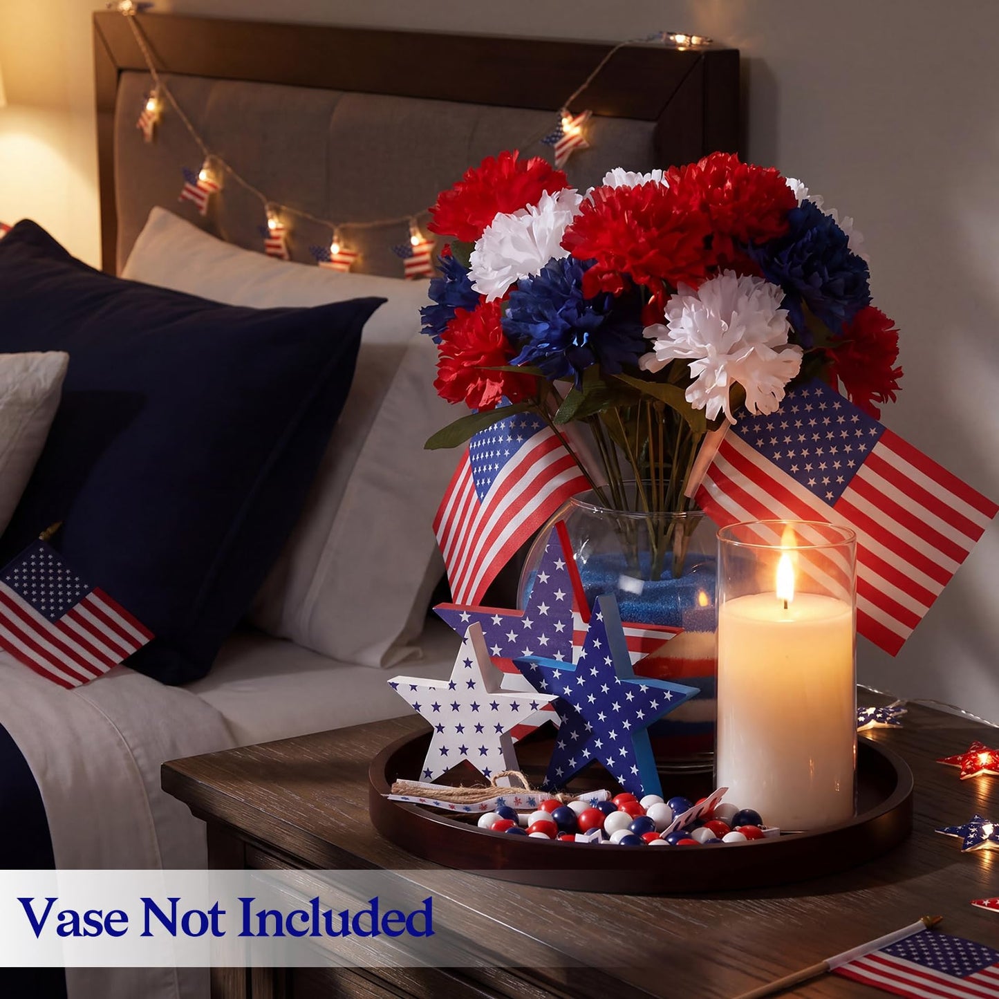 4th of July Decorations Centerpiece Table Decor, 250th Anniversary Patriotic Red White Blue Flowers with Mini Flags, Wooden Stars, Tray, LED Candle Bead Garland for Independence Day Party Home Decor