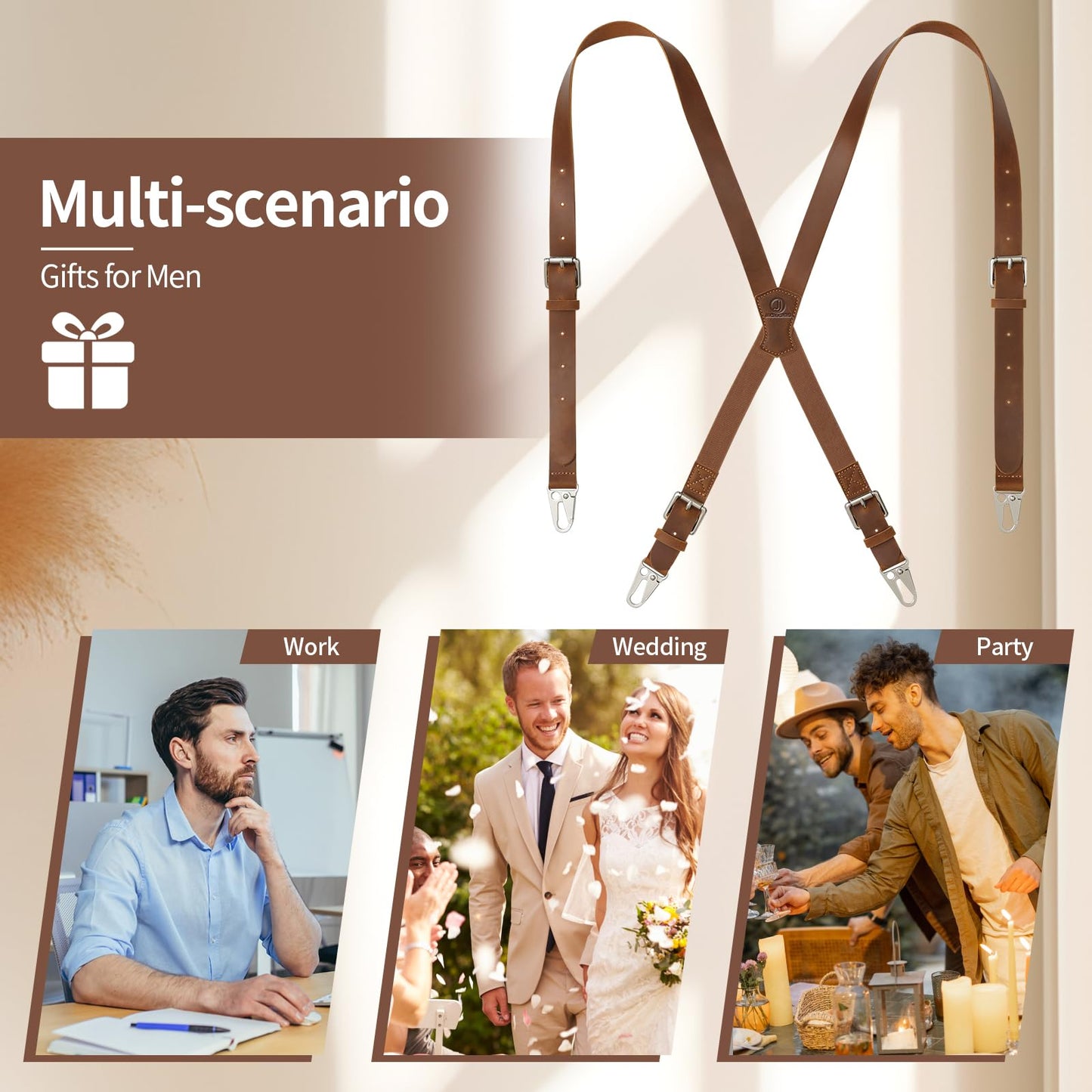 Jack&Chris Genuine Leather X-Shaped Suspenders for Men, Adjustable Heavy Duty Solid 1 Inch Wide Suspenders with Sturdy Clips, Men Accessories For Jeans, Brown
