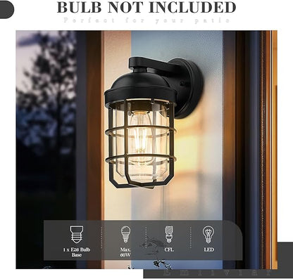Emliviar 2-Pack Outdoor Exterior Wall Light Fixtures for Porch, 11.3 Inch Black Wall Mount Lantern with E26 Bulb Base, Clear Tempered Glass, GE255BL-2PK BK
