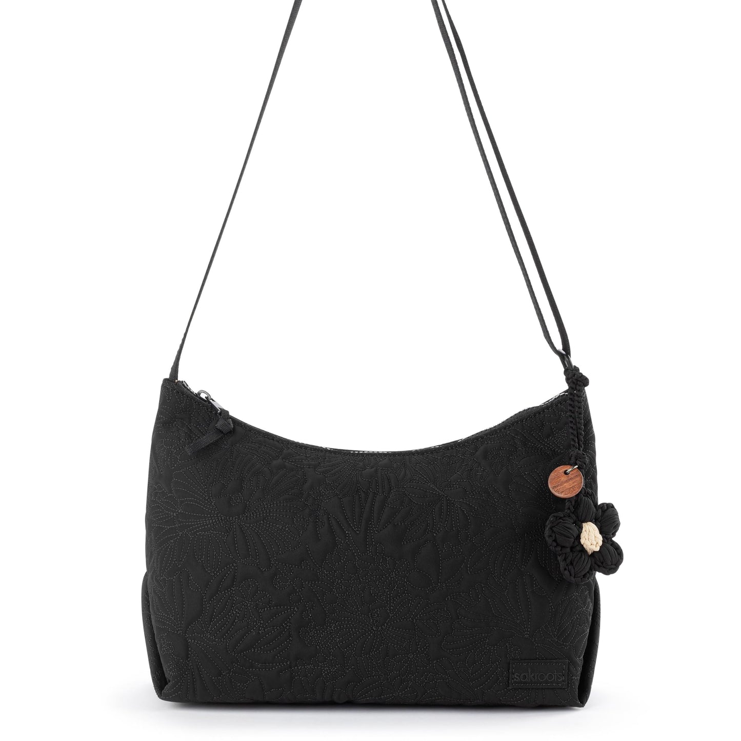 Sakroots Banyan Hobo – Shoulder bag with Zipper Closure, Back Zipper Pocket, detachable key dangle. Lightweight Travel, Work, or Everyday Hobo for Women - Black Flower Blossom Quilt