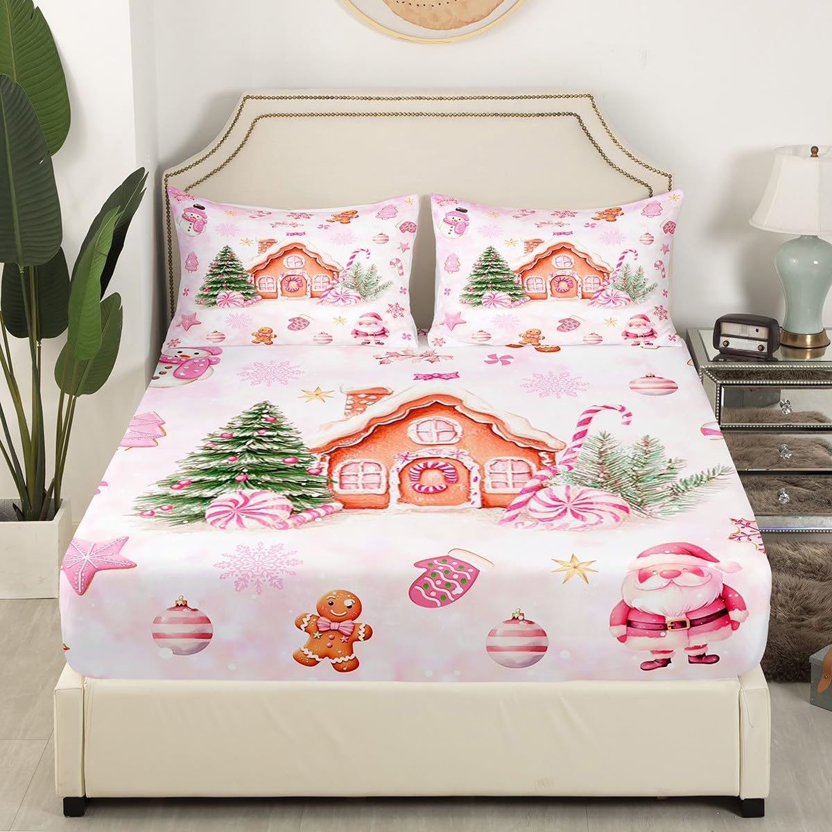 Manfei Pink Christmas Fitted Sheet Twin for Kids Teens Bedroom,Cartoon Gingerbread House Bedding Set(No Top Sheet),Watercolor Santa Snowman Bed Sheet,Dreamy Pink Tie Dyed Bed Cover,2 Pillowcases