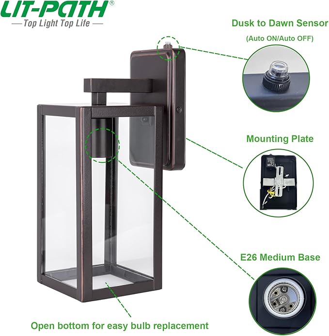 LIT-PaTH Dusk to Dawn Outdoor Wall Lantern, Wall Sconce as Porch Lighting Fixture, E26 Medium Base Max 60W, Anti-Rust Metal with Glass Shade, Oil Rubbed Bronze Finish, 1-Pack