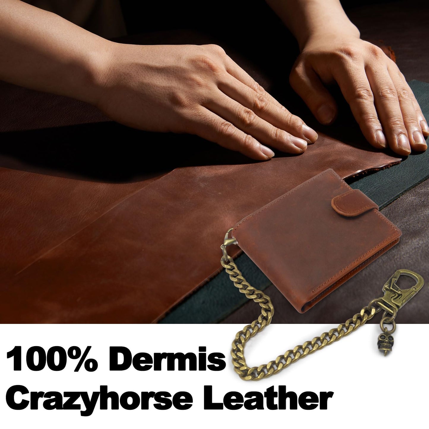 Ahiller Chain Wallet for Men Crazy Horse Bifold Leather Wallet with Chain, Anti-Theft Mens Wallets with Gift Box,Zippered Bill Compartment,ID Window, Card Slots-Coffee