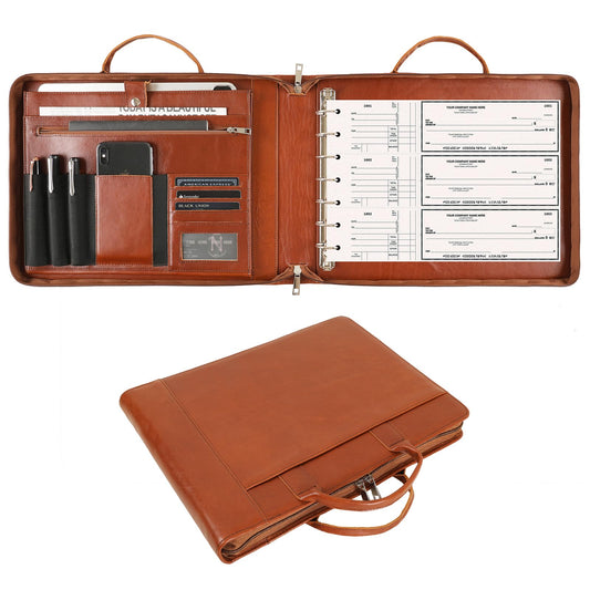 Handmade Leather Business Checkbook Binder - 7 Ring Check Binder with Handle, Check Holder Checkbooks for Business Checks for 3 Per Page 600 Checks Capacity for 9 x 13 inch Sheets, Oil Brown