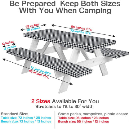 LINPRO 8ft Picnic Table Cover with Bench Covers Vinyl Fitted Picnic Table Covers with Elastic Camping Essentials and Picnic Tablecloth and RV Accessories with Bag