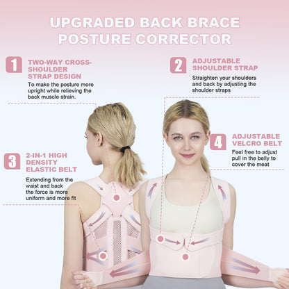 Posture Corrector for Women and Men Upgraded Back Brace, Adjustable Back Support for Upper and Lower Back Pain Relief, Shoulder Straightener for Hunchback, Scoliosis, Lumbar, Spine (Pink, Large)
