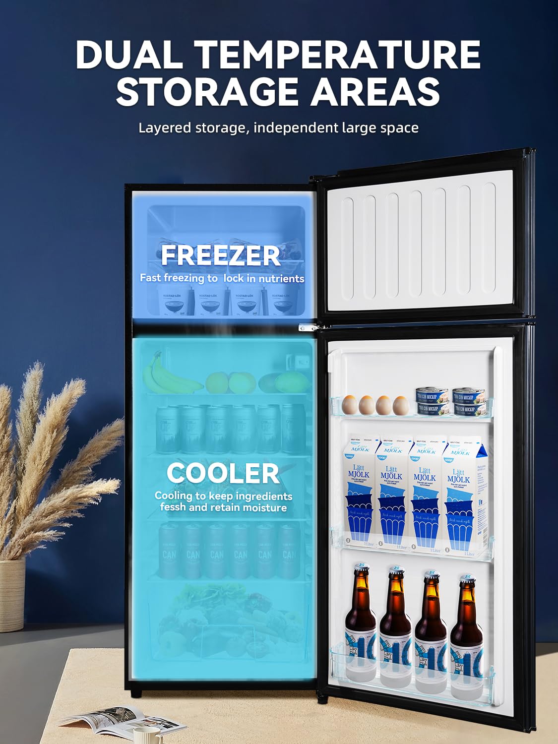 Cucina Magica 8.5 cu.ft Dual-Door Apartment Refrigerator with Freezer and Adjustable Thermostat - Slide-Out Glass Shelves for Dorms, Offices, RVs, and Homes