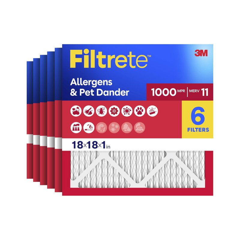 Filtrete 18x18x1 Air Filter, MERV 11, MPR 1000, Allergens & Pet Dander, 3-Month AC and Furnace Filters, Cleaner Air, Reliable Airflow, 6 HVAC Filters (Actual Size 17.68 x 17.68 x 0.81 in)