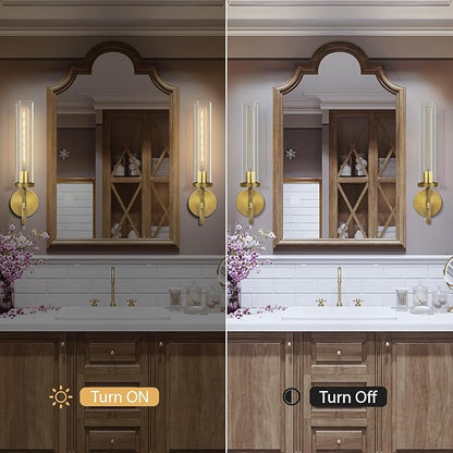 Brass Wall Sconces Set of Two, 19.48" Modern Wall Lighting with Clear Glass Tube, Bathroom Vanity Lights, Bronze Sconces Wall Lights for Bedroom, Living Room, Hallway, Staircase (Including Bulb)