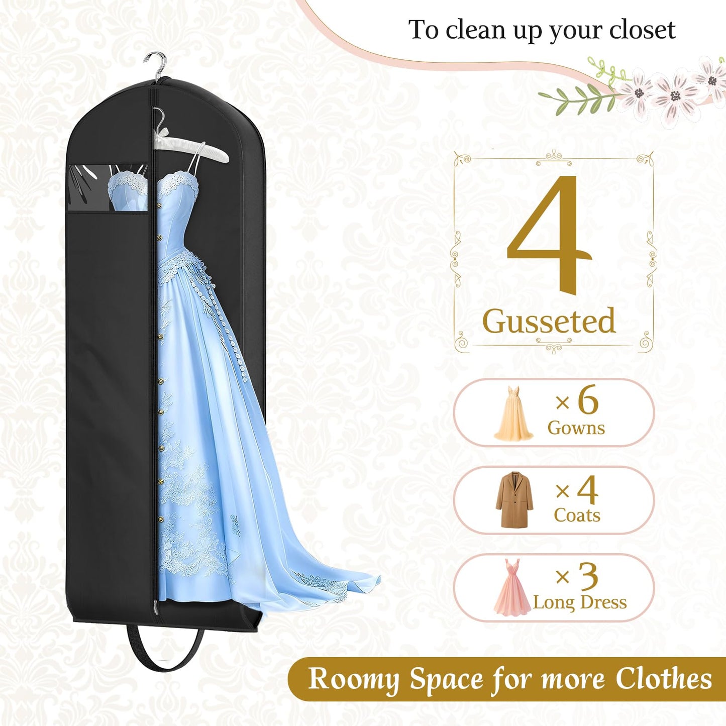 KEETDY Wedding Dress Garment Bag for Travel with 4" Gusseted Long Hanging Dress Bags for Gowns for Women Garment Cover Clothes Storage for Closet (Black, 72 inch)