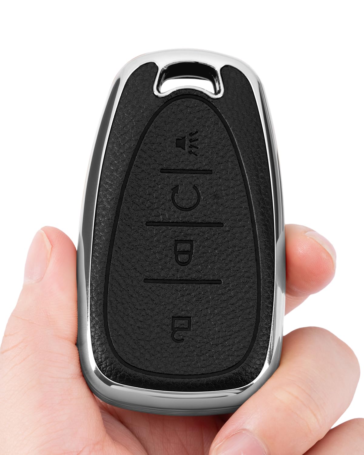 WCHJUD Soft Upper Leather TPU Key Fob Cover Case for Chevy Bolt Equinox Trax Sonic Volt 2017-2025 Accessories with Keychain (Silver-edged black, 4 Buttons)