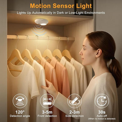 Motion Sensor Puck Lights, 3 Color Temps Dimmable LED Closet Light, Wireless USB Magnetic Cabinet Lights, Stick On Motion Sensor Light Indoor for Stair, Kitchen, Shelf (6 Pack)