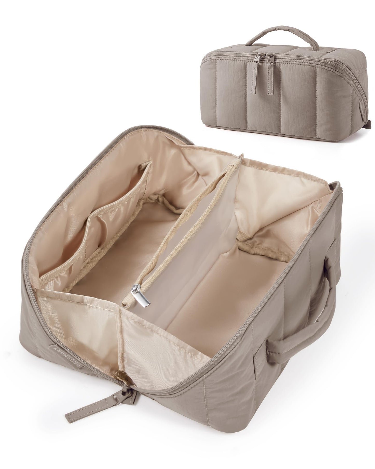 BAGSMART Travel Makeup Bag for Women, Portable Water-resistant Cosmetic Case, Puffy Padded Make Up Organizer Pouch, Open Flat Toiletry Bag for Toiletries, Brushes, Brown