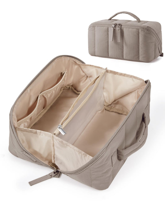 BAGSMART Travel Makeup Bag for Women, Portable Water-resistant Cosmetic Case, Puffy Padded Make Up Organizer Pouch, Open Flat Toiletry Bag for Toiletries, Brushes, Brown